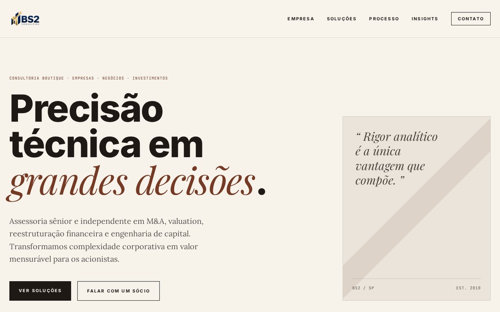 Captura real da página inicial da BS2 Consulting, consultoria de empresas, negócios e investimentos